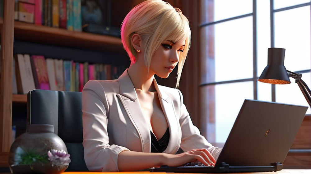 white women typing computer in office lab coat short hair